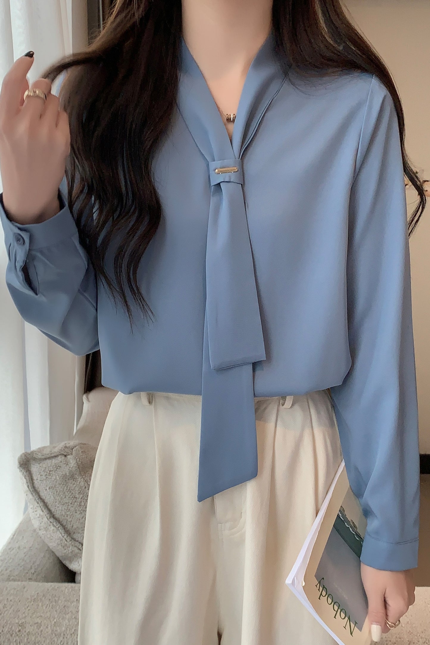 Women's Silk Satin Shirt Tie Neck Long Sleeve Blouse - LAI MENG FIVE CATS