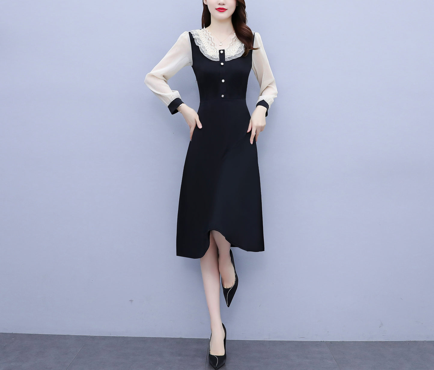 Women's V-neck Long Sleeve Patchwork Black Dress - LAI MENG FIVE CATS