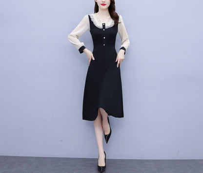 Women's V-neck Long Sleeve Patchwork Black Dress - LAI MENG FIVE CATS