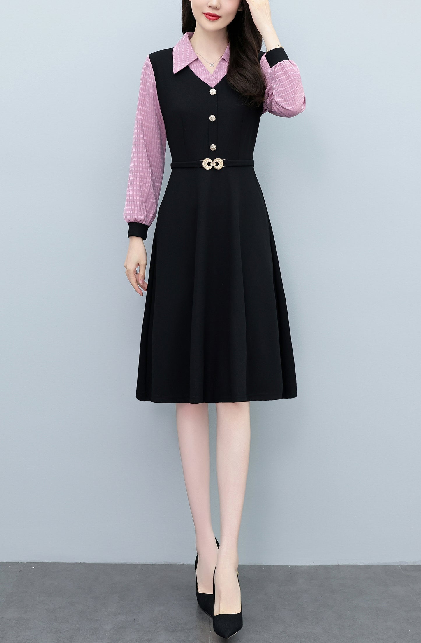 Women's Lapel V-Neck Pocket Long Sleeve Black Dress