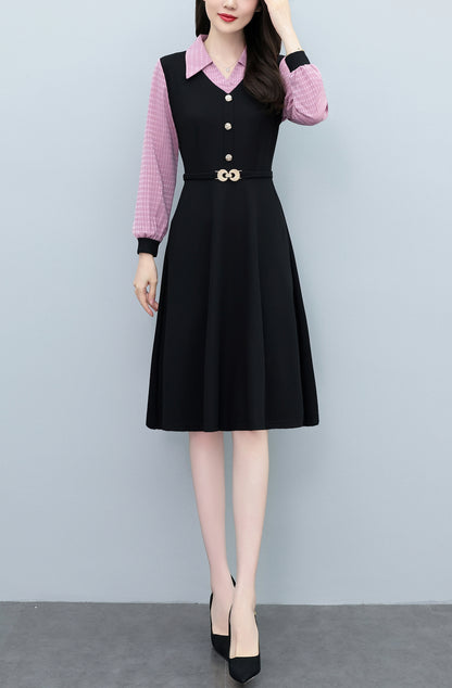 Women's Lapel V-Neck Pocket Long Sleeve Black Dress