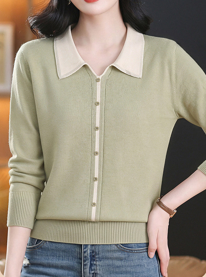Chic Contrast Collar Knit Sweater Long Sleeve Pullover Top
