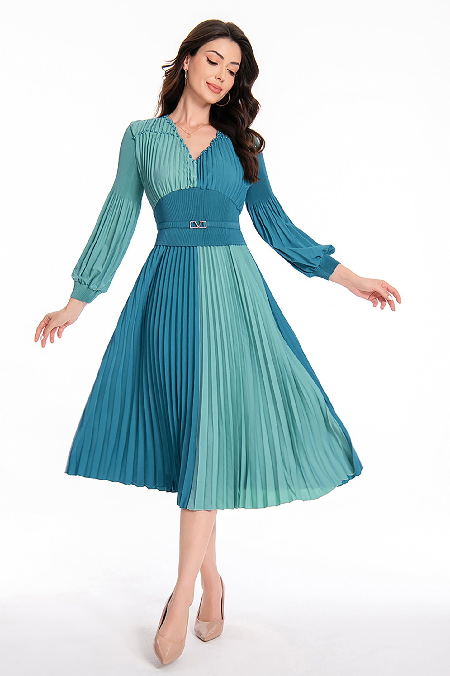 Women's Puff Sleeves V-Neck Solid Color Pleated Dress