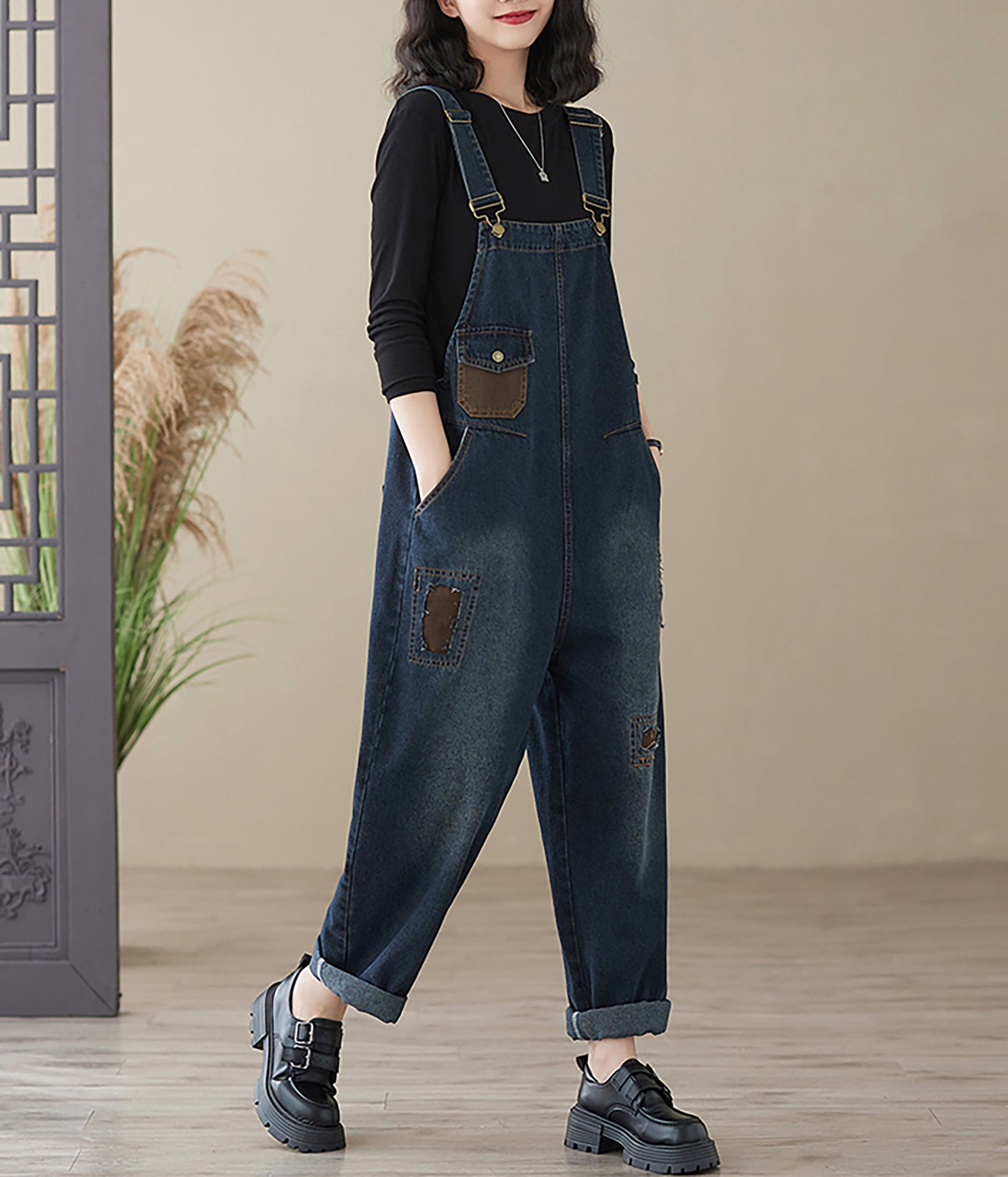 Stretchy Loose Bib Overalls with Pockets