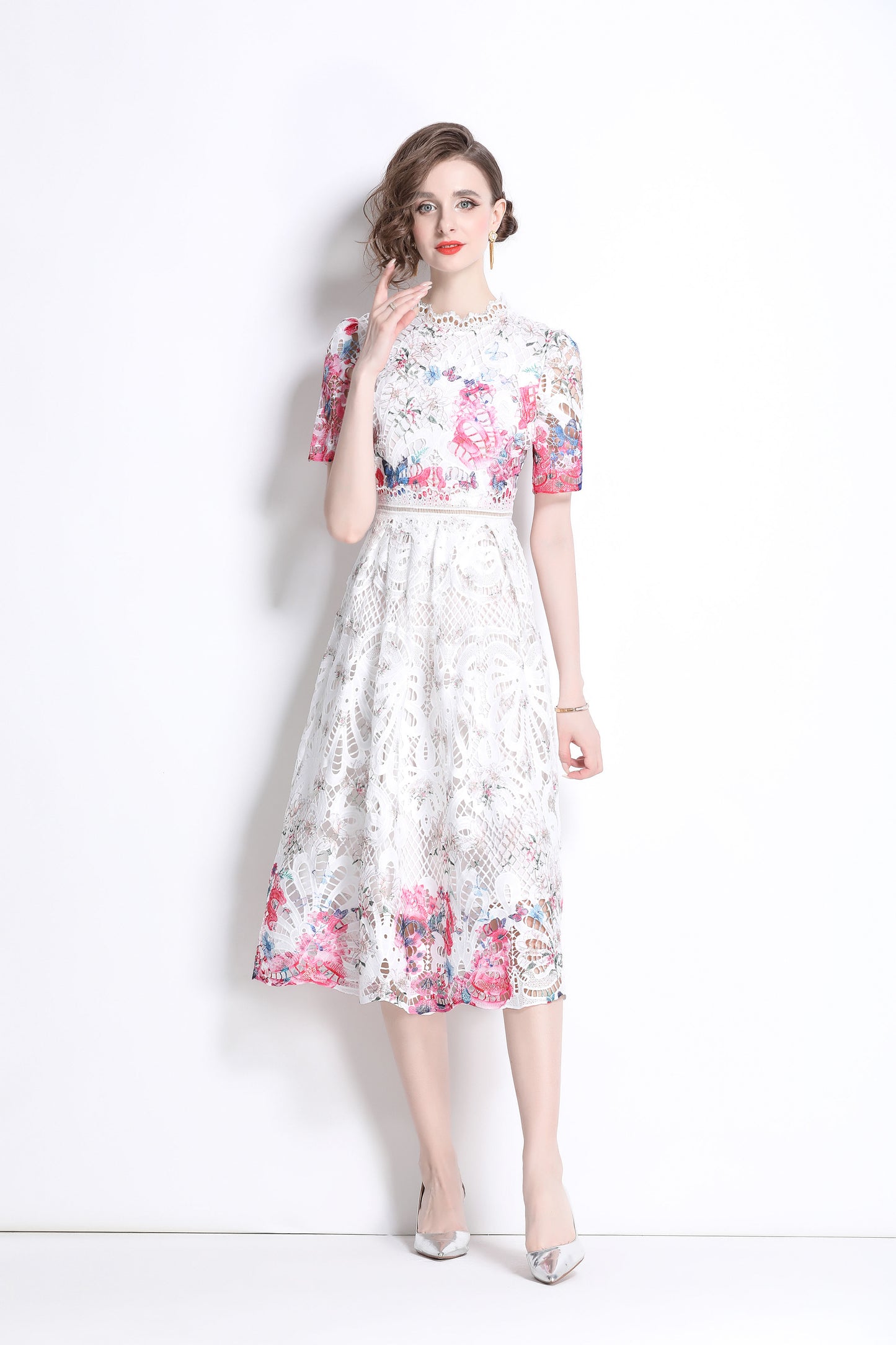 Women's Lace Floral Short Sleeve Crochet Waist Cocktail Midi Dress