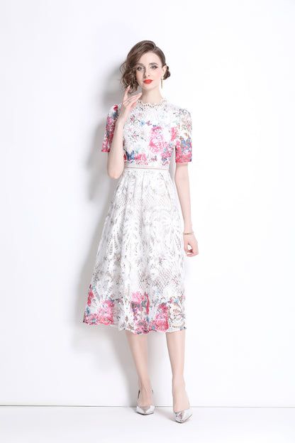 Women's Lace Floral Short Sleeve Crochet Waist Cocktail Midi Dress