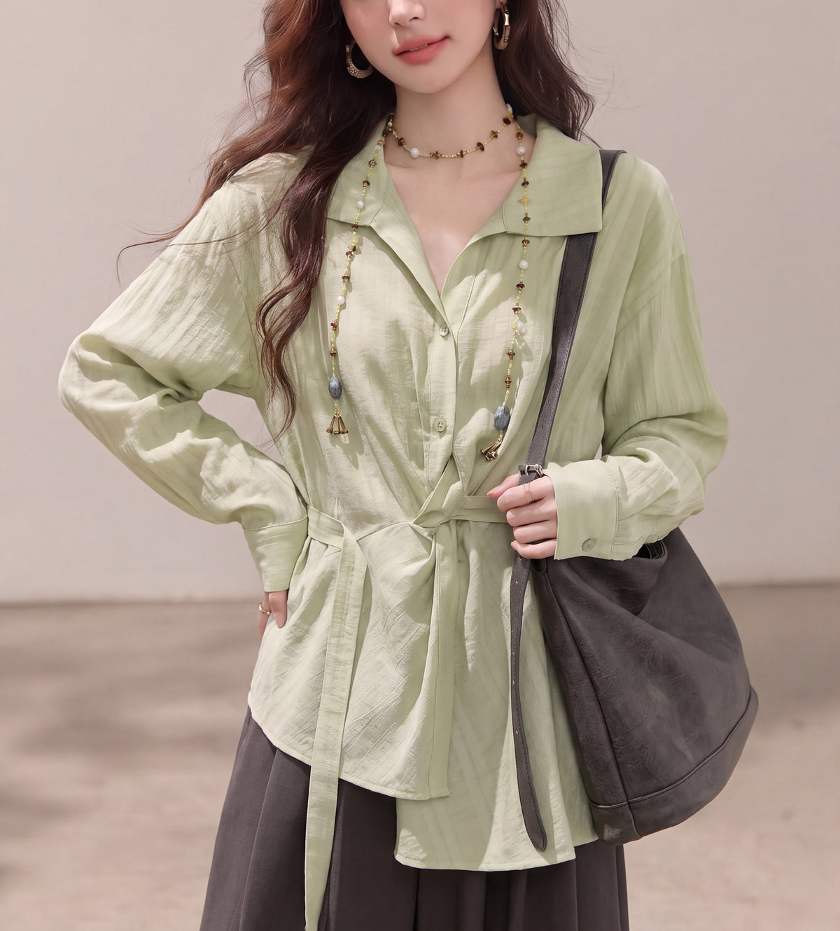 Sage Green Tie-Waist Button-Up Shirt Jacket