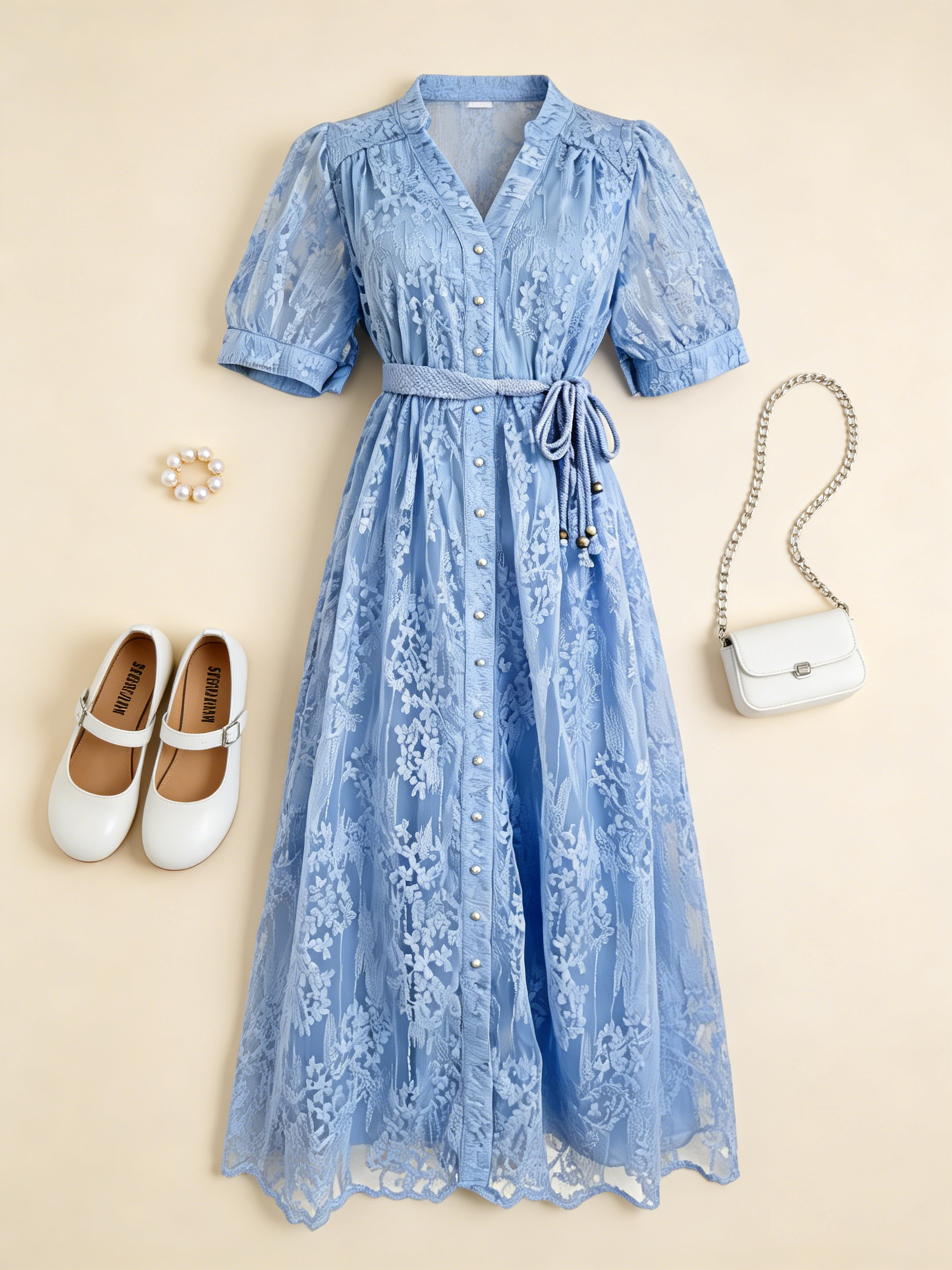Blue Embroidered Mesh Puff Sleeve Summer Midi Dress - LAI MENG FIVE CATS
