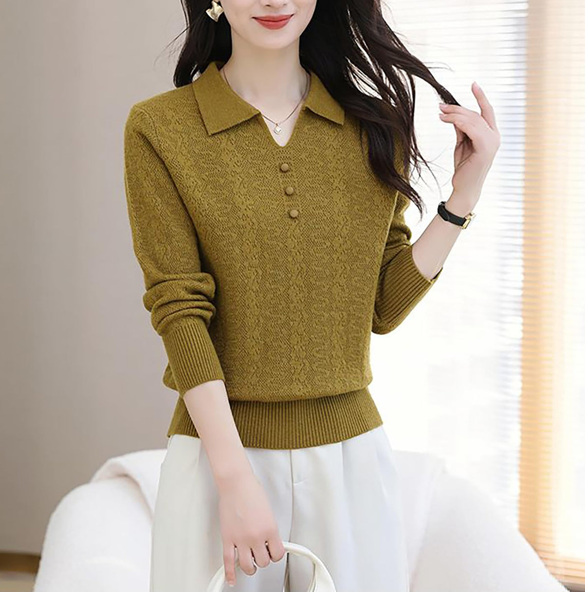 Women's Pink Polo Knit Top — V-Neck & Long Sleeve Ribbet Knitted