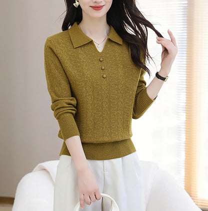 Women's Pink Polo Knit Top — V-Neck & Long Sleeve Ribbet Knitted