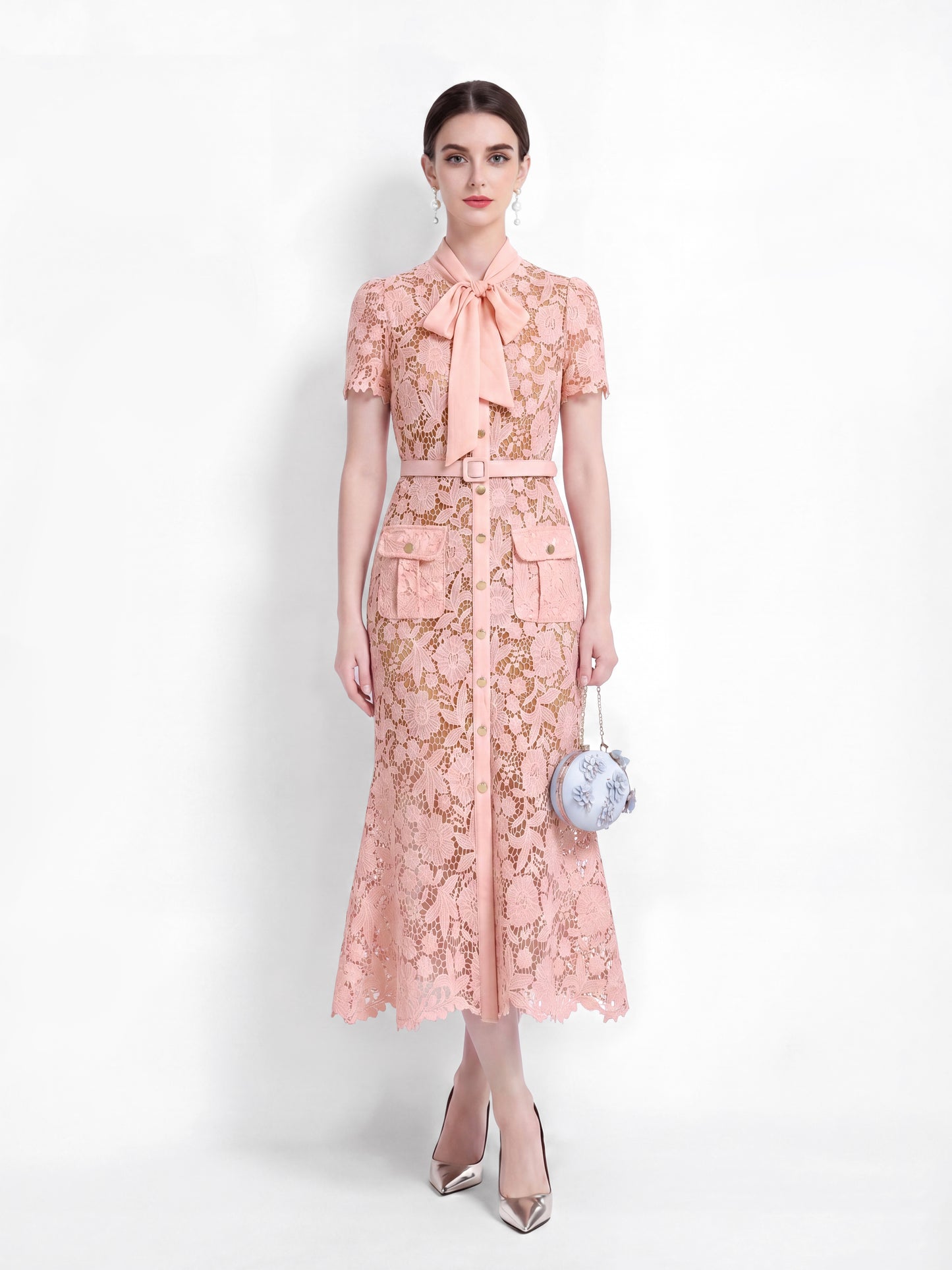 Blush Pink Lace Midi Dress With Pockets