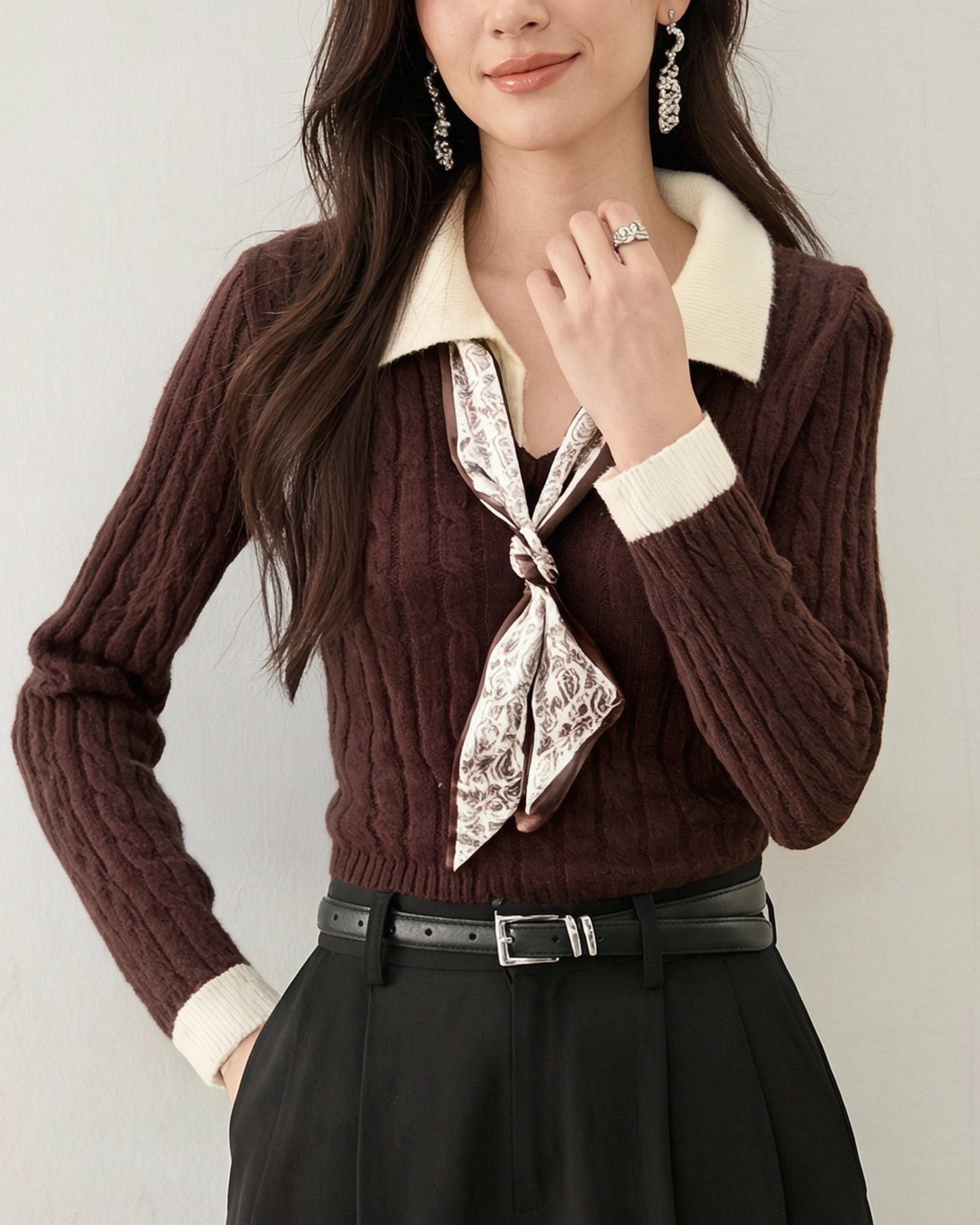 Preppy Color-Block Cable Knit Top with Contrast Collar & Tie Neck