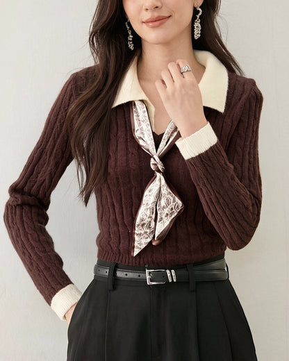 Preppy Color-Block Cable Knit Top with Contrast Collar & Tie Neck