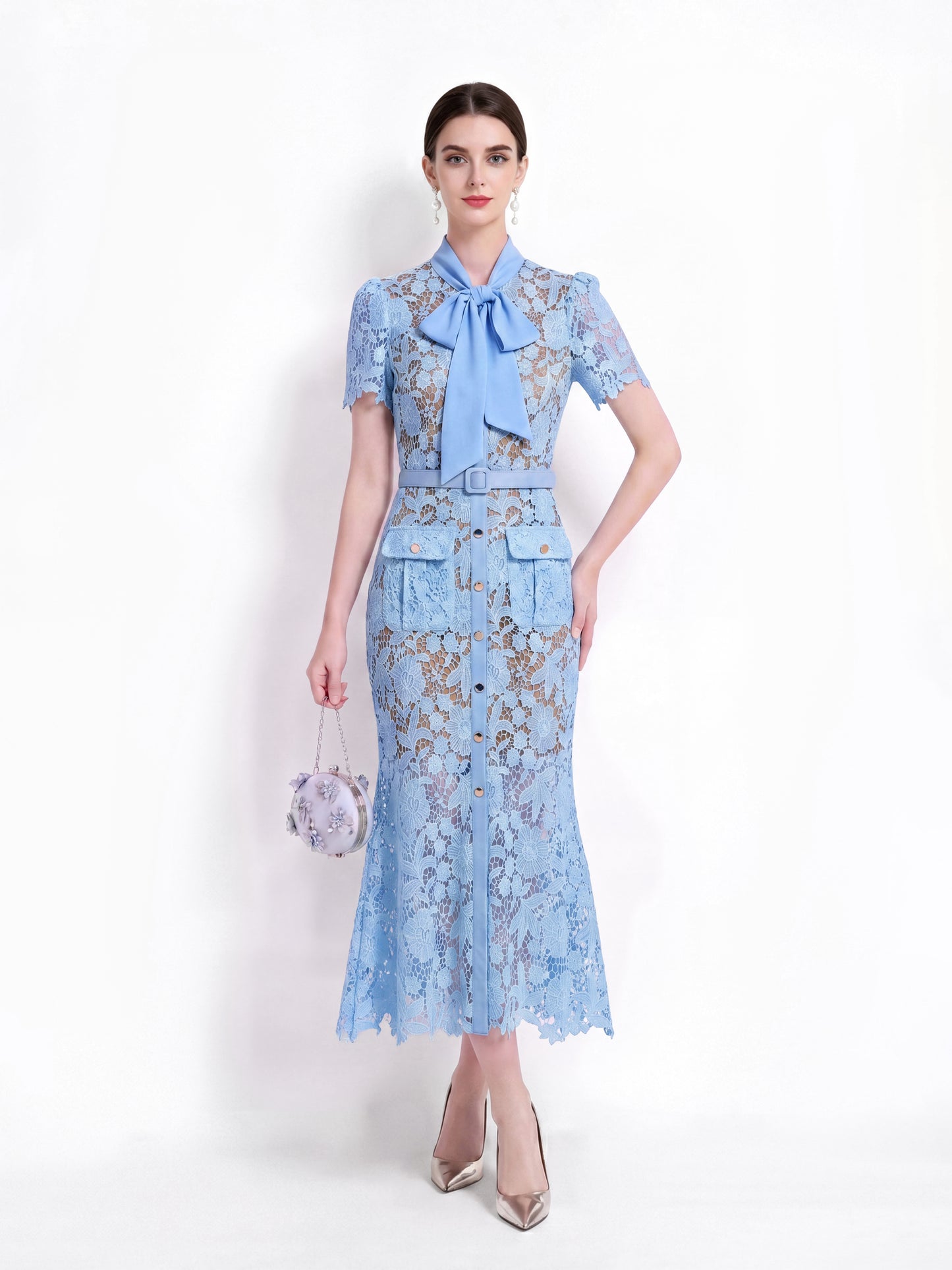Powder Blue Lace Bow Midi Dress