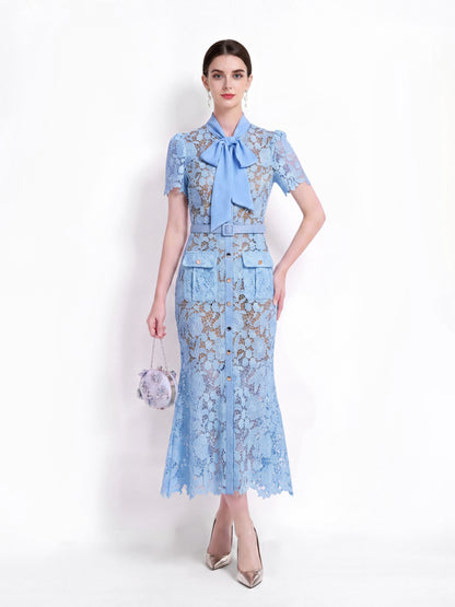 Powder Blue Lace Bow Midi Dress