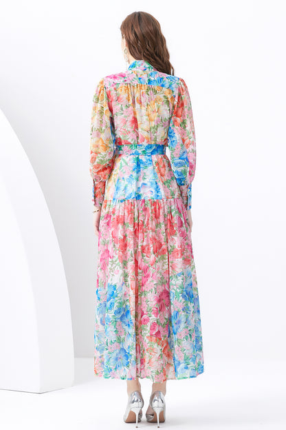 Women Button Up Floral Print Split Maxi Wrap Dress