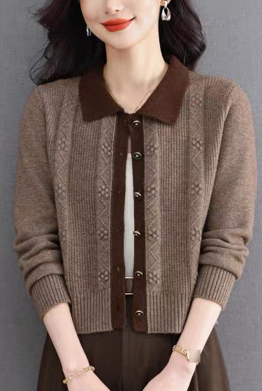 Vintage Contrast Collar Cable Knit Cardigan | Textured Button Crop Sweater