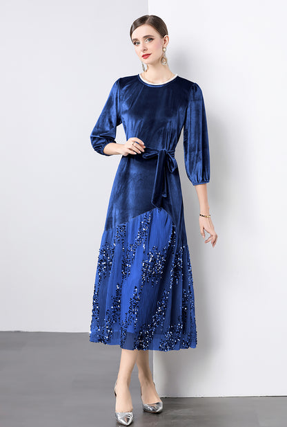 Velvet Lace Patchwork Sequins Midi Dress