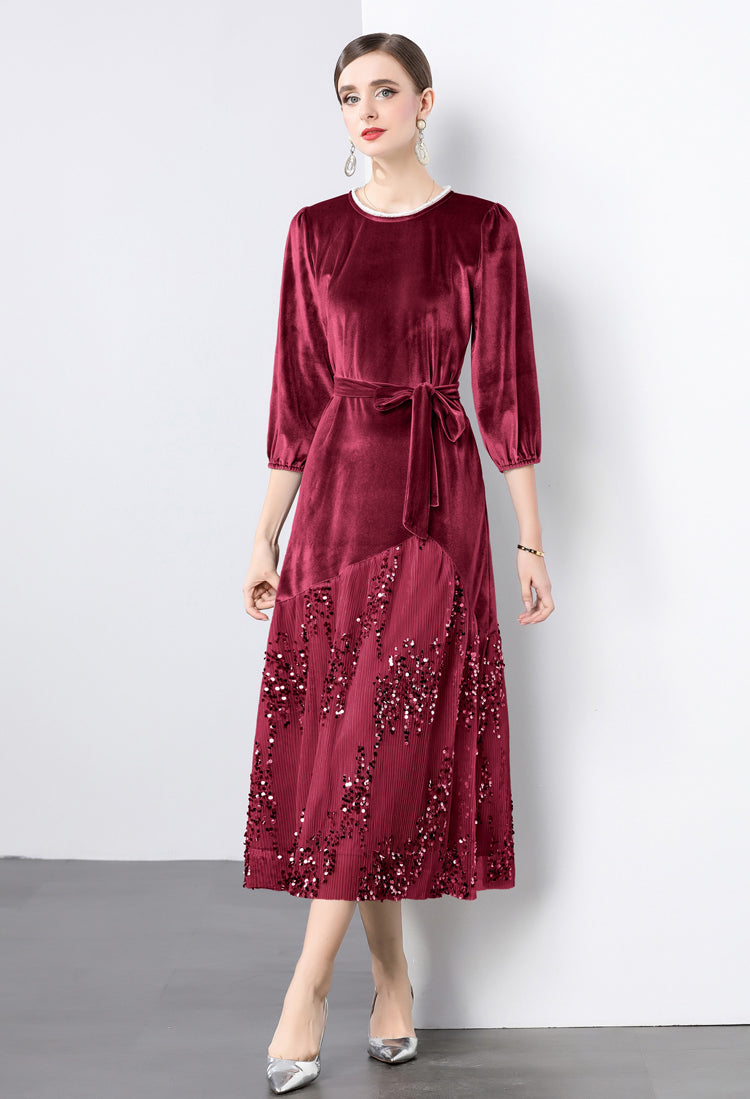 Velvet Lace Patchwork Sequins Midi Dress