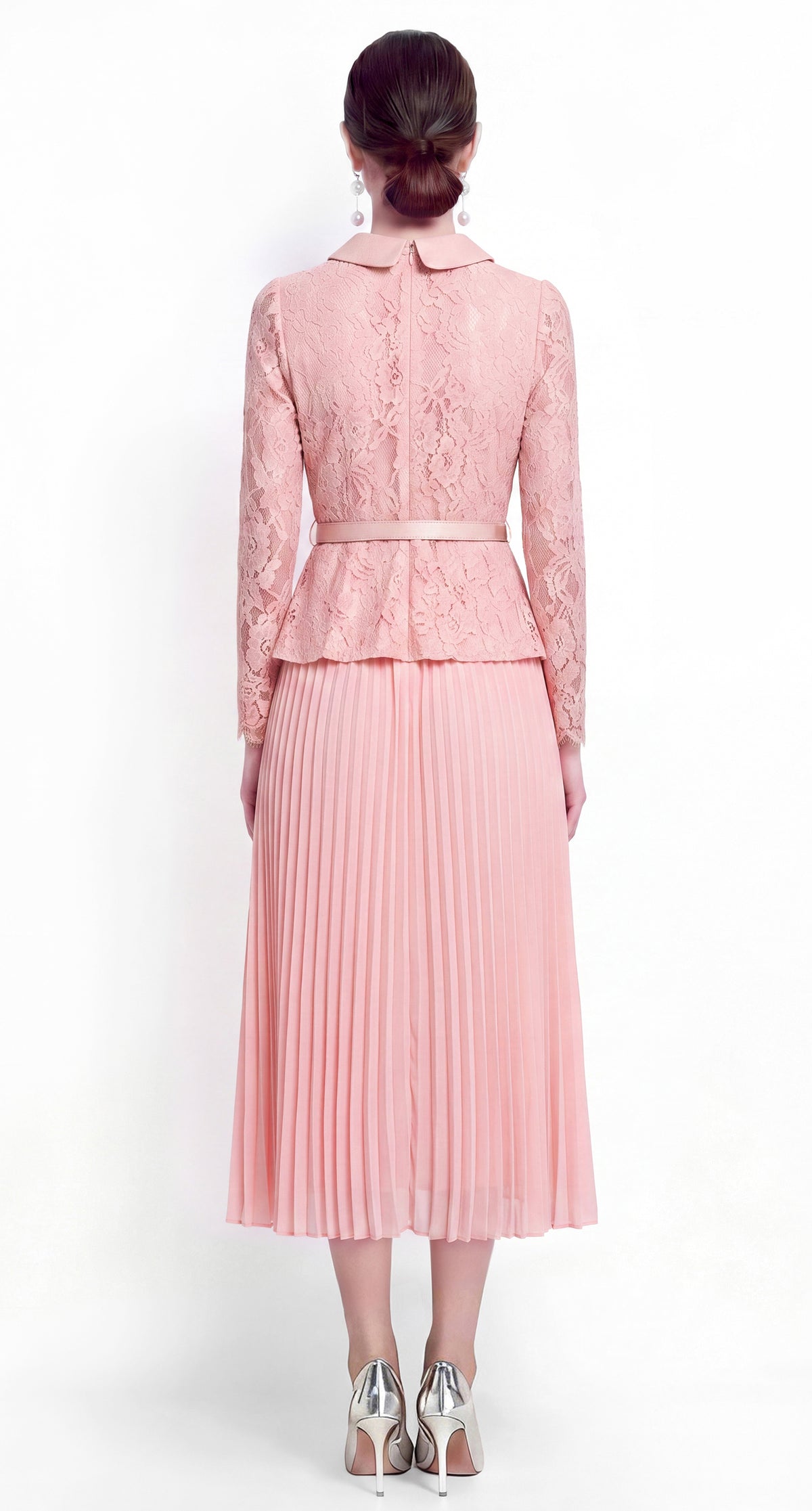 28729 Elegant Lace Pleated Midi Dress with Belt – 4 Colors