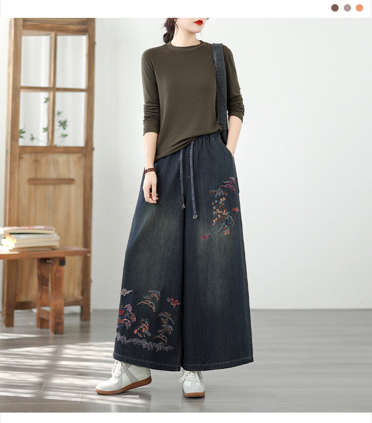 Women's Baggy Wide Leg Jeans Embroidery Pants