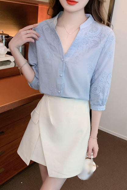 Blue V-neck Raspberry Embroidered Lace Blouse