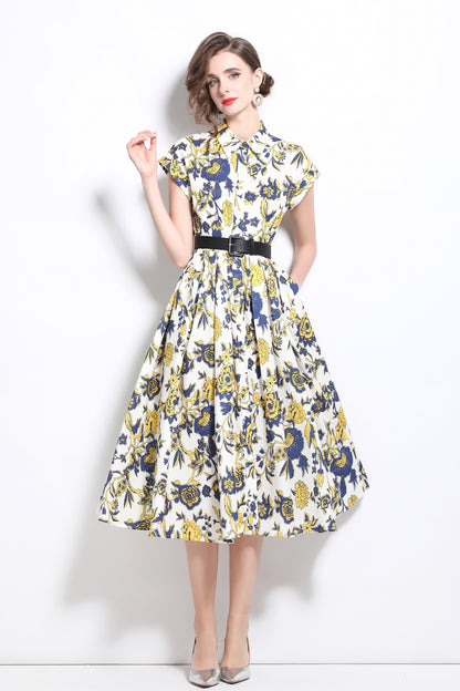 Women's Short Sleeves Collar Printed Buttons Midi Dress