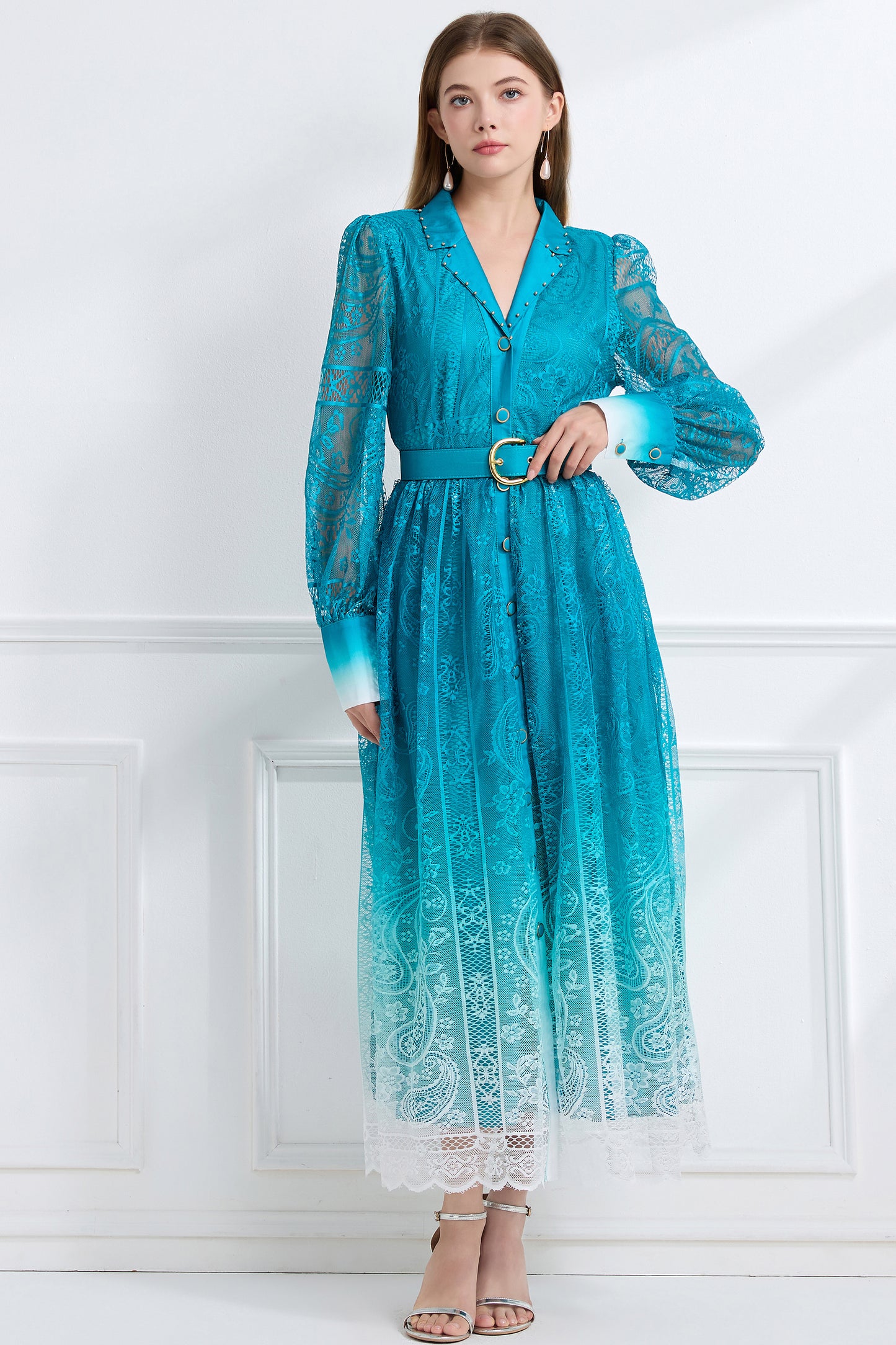 Women's V-Neck Button Lace Maxi Dress - LAI MENG FIVE CATS