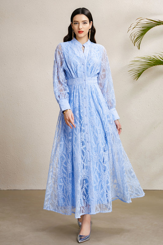 Women's V-Neck Lace Floral Lantern Sleeve Maxi Dress