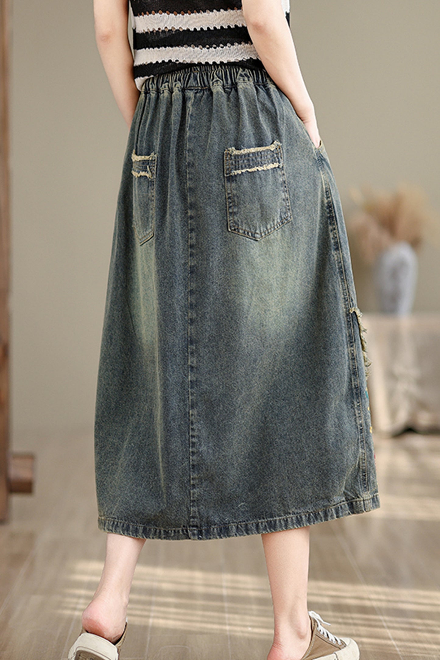 Women's Denim Drawstring Waist Pockets Jean Skirt