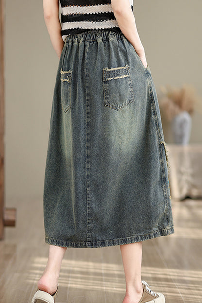 Women's Denim Drawstring Waist Pockets Jean Skirt