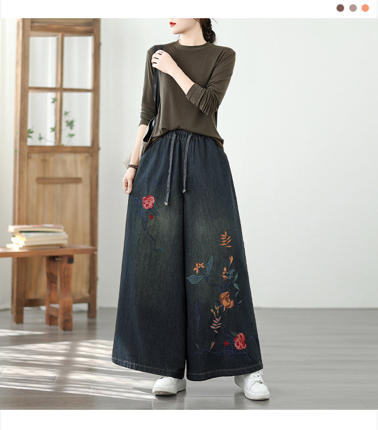 Women's Baggy Jeans Embroidery Wide Leg Denim