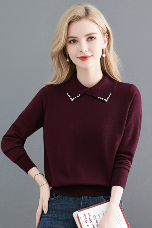 Women's Long Sleeve Sweater Lapel Collar Pullover Tops