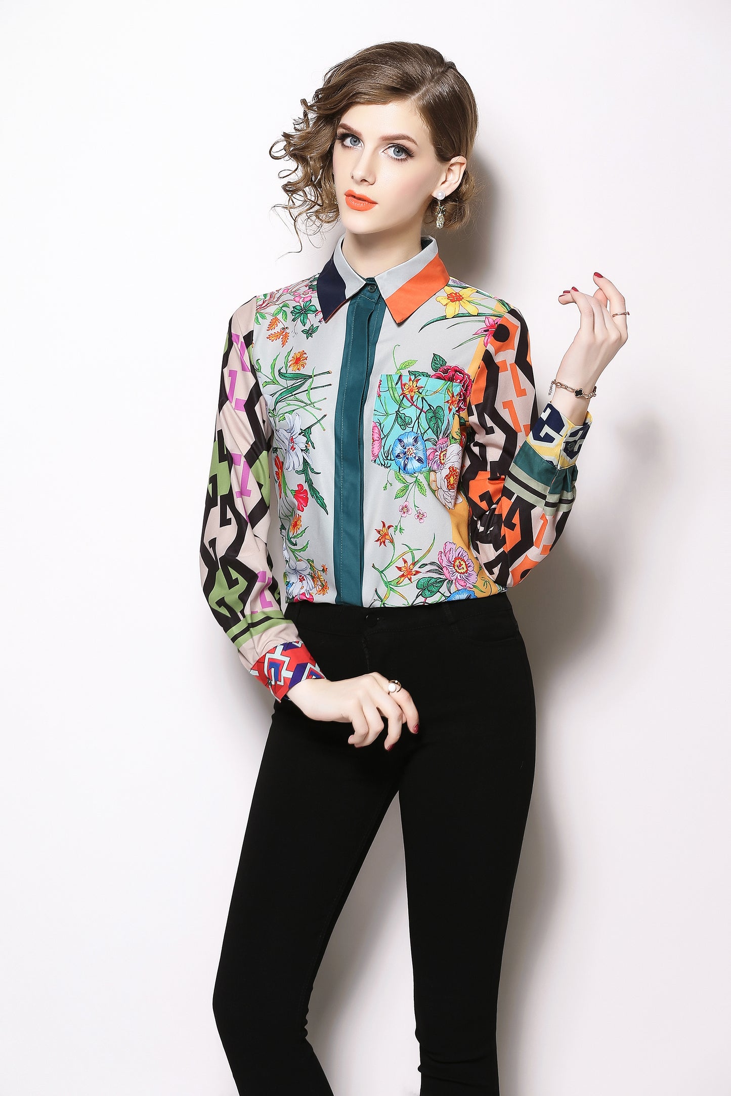 ESY-Women's Shirt Print Long Sleeve Button Blouse