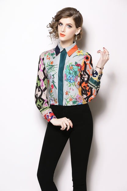 ESY-Women's Shirt Print Long Sleeve Button Blouse
