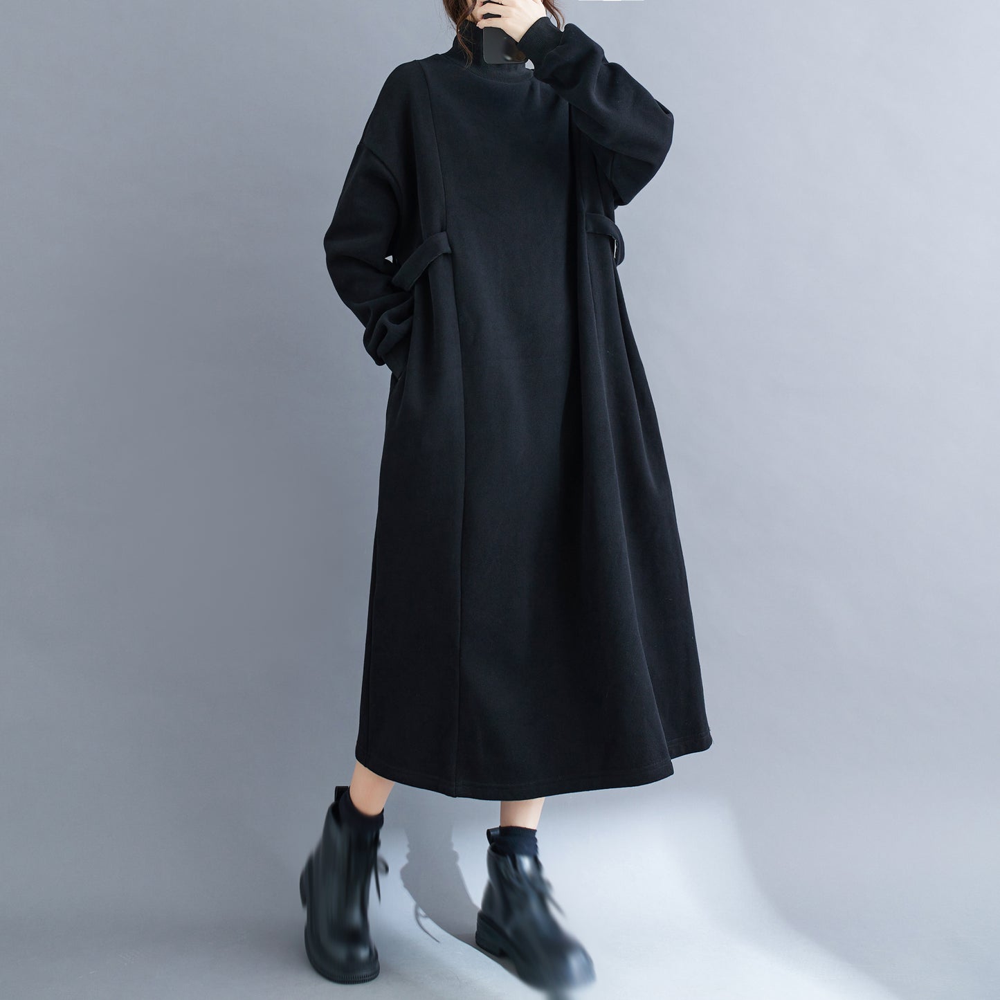 High Collar Pullover Dress With Pocket