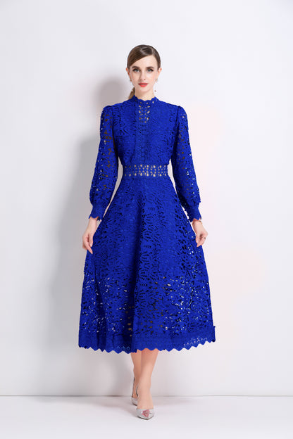 Women's Puff Long Sleeve Hollow Lace Maxi Dress