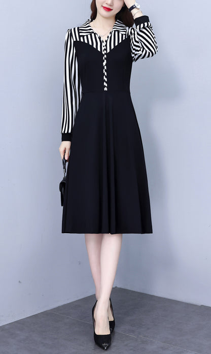 Women's V-Neck Long Sleeve with Pockets Black Dress