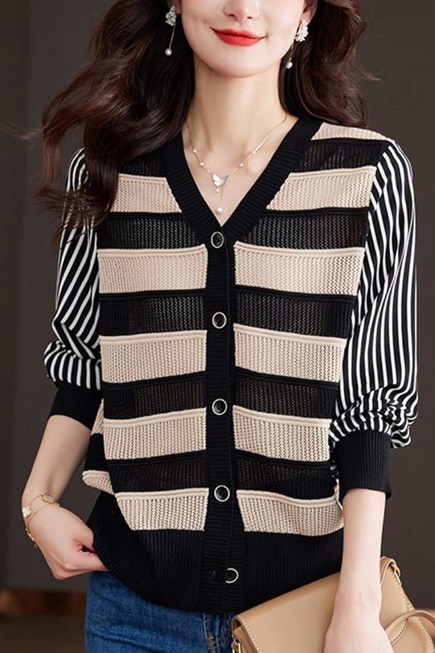 SSY-Women's V-Neck Striped Cardigan Sweaters