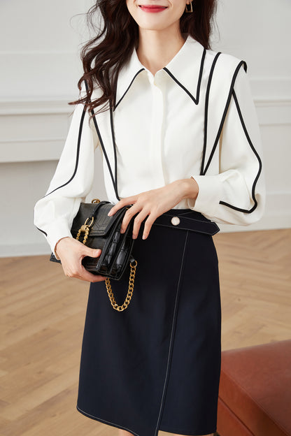 Women's Contrast Collar V Neck Lantern Sleeve Blouse