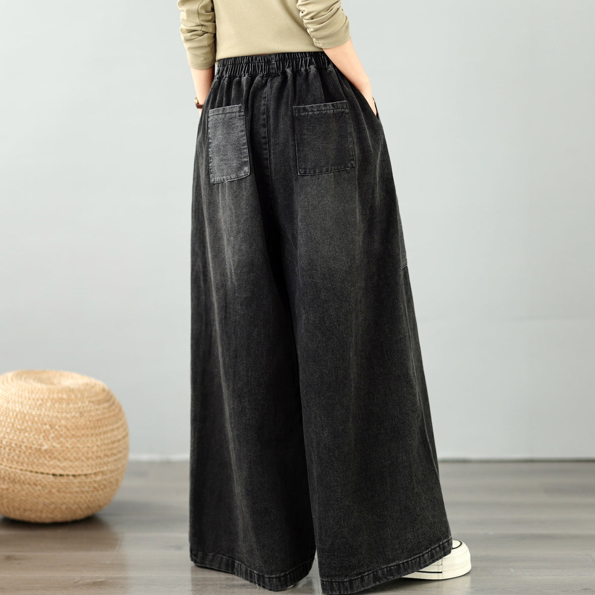 28667-Vintage Denim Wide-Leg Pants with Buttons Trim & Patch Pockets