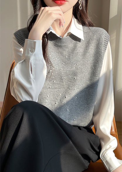 Women's 2 in 1 Round Neck Soft Sweater Top Chic Layering Office Casual