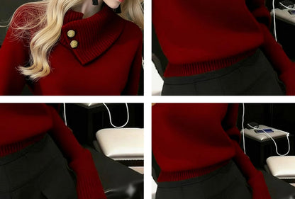 Women's Fine-Knit Funnel Neck Top — Asymmetric Fold Collar with Button Detail