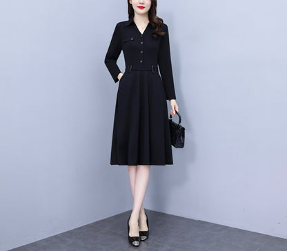 Women's V-Neck with Pockets Long Sleeve Black Dress