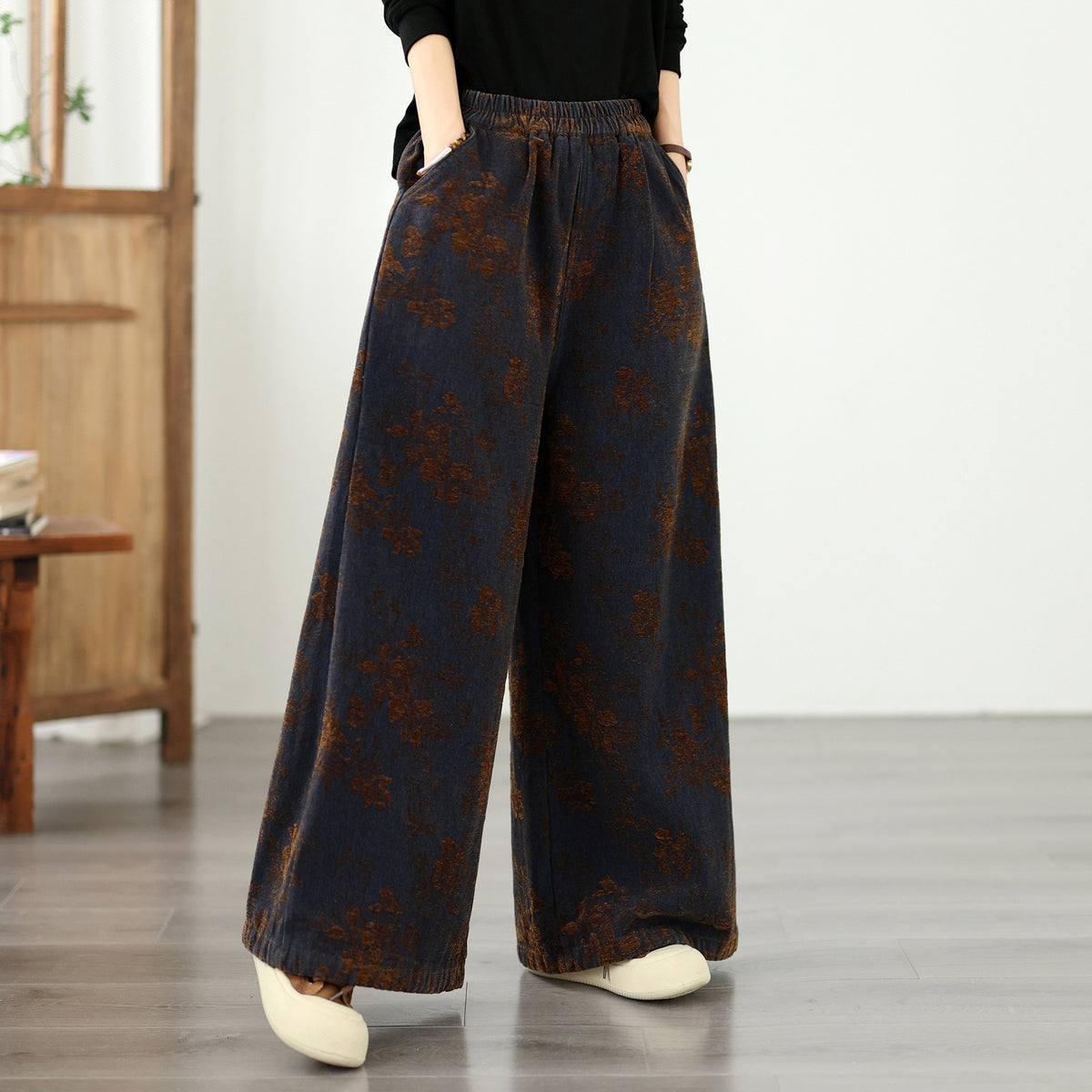 Vintage Floral Denim Wide-Leg Pants | Dark Indigo & Elastic Waist