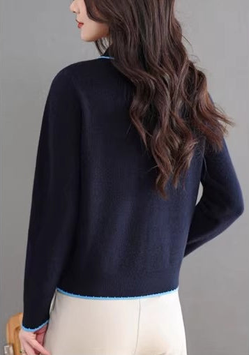 Contrast Trim Bow Collar Knit Top Long Sleeve Soft Sweater