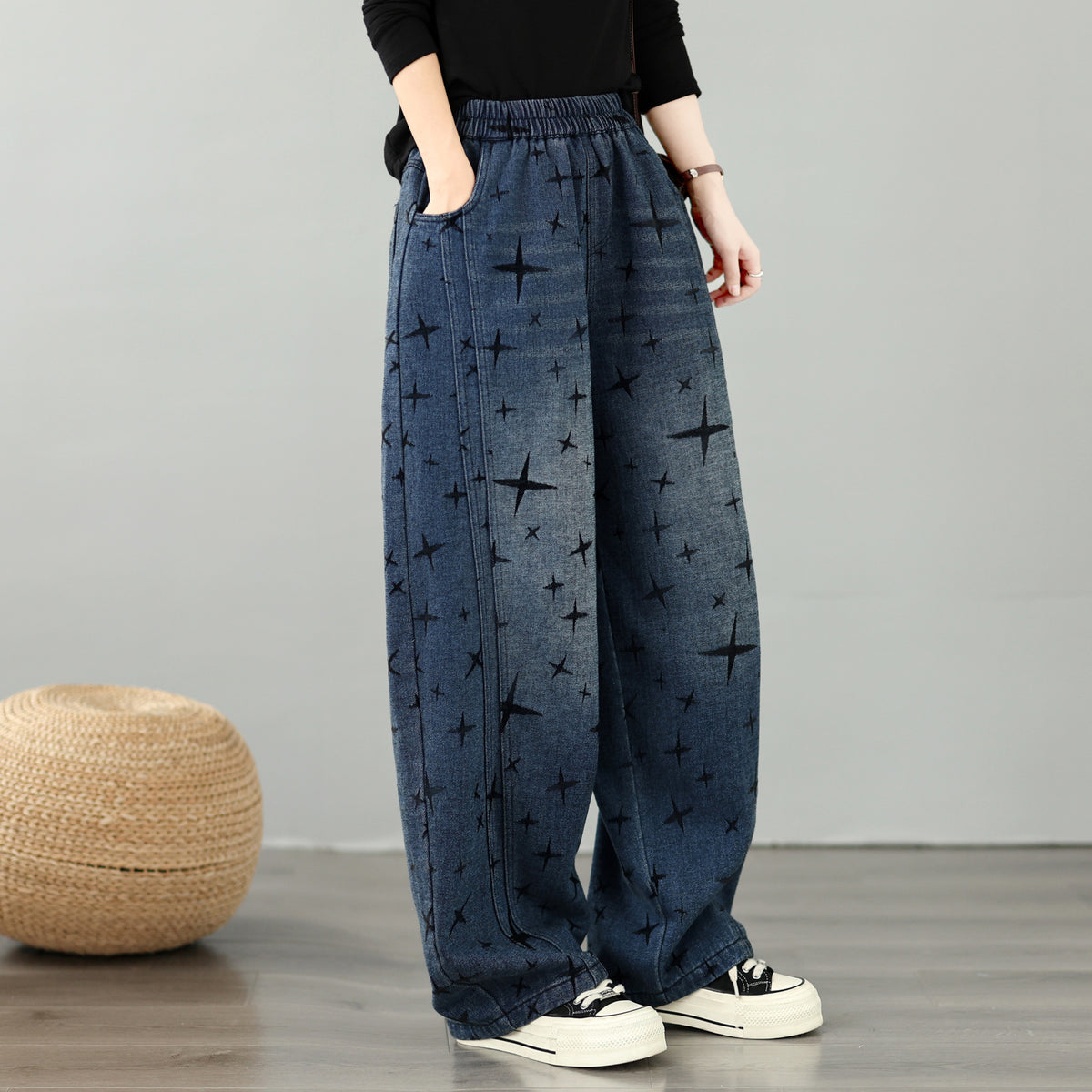 28676-Vintage Star Print Denim Wide Leg Pants with Drawstring Waist