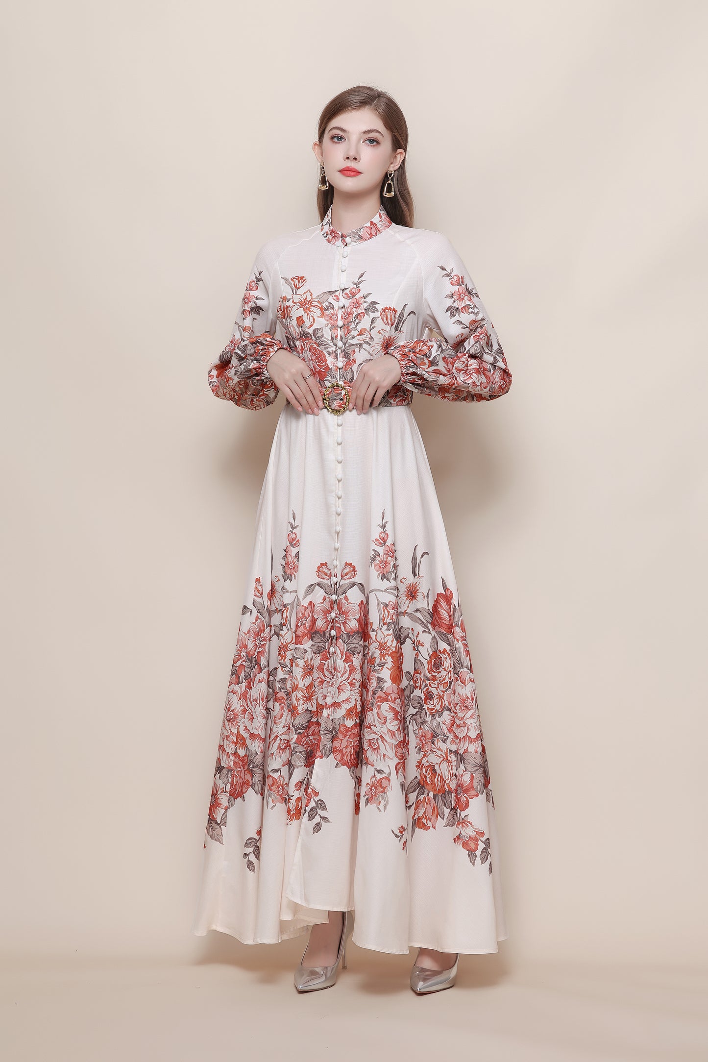 26-Women's Floral Print Puff Sleeve Button Maxi Dress - LAI MENG FIVE CATS