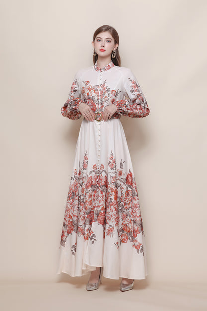 26-Women's Floral Print Puff Sleeve Button Maxi Dress - LAI MENG FIVE CATS