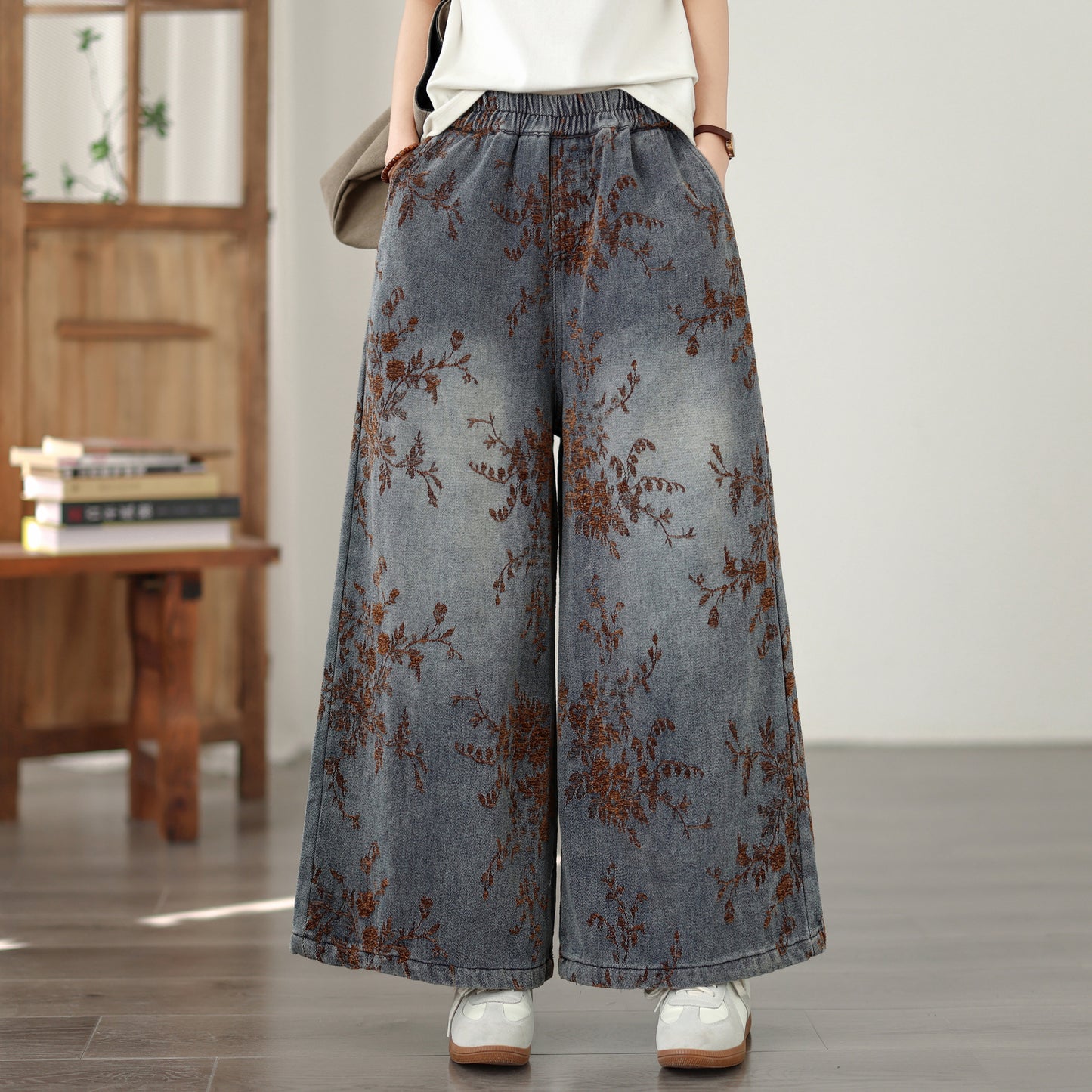 26-Women's Denim Wide Leg Baggy Elastic Waist  Jeans - LAI MENG FIVE CATS